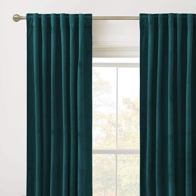 RYB HOME Peacock Blue Velvet Curtains & Drapes, 72 inches Noise Reducing Thermal Insulated Short Curtains for Office, W 52 x L 72, 2 Panels Set