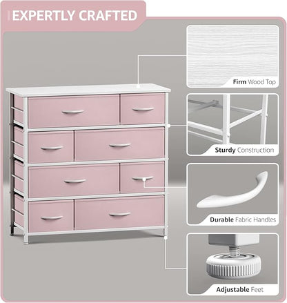 Sorbus Dresser with 8 Drawers - Furniture Storage Chest for Kid’s, Teens, Bedroom, Nursery, Playroom, Clothes, Toys - Steel Frame, Wood Top, Fabric Bins (Pink)