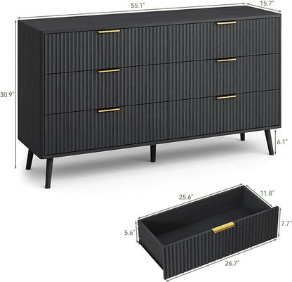 LYNSOM 55" Wide Fluted Dresser for Bedroom with 6 Drawer, Modern Chest of Drawers with Curved Profile Design and Metal Handles, Wood Dresser TV Stand & Storage Organizer for Living Room, Black