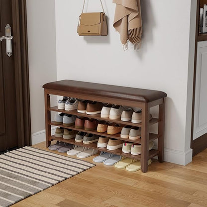 AQIMUELE Shoe Bench with Leather Cushion, 3 Tiers Shoe Storage Bench Height Adjustable, Walnut Wood Entryway Bench for Hallway, Mudroom