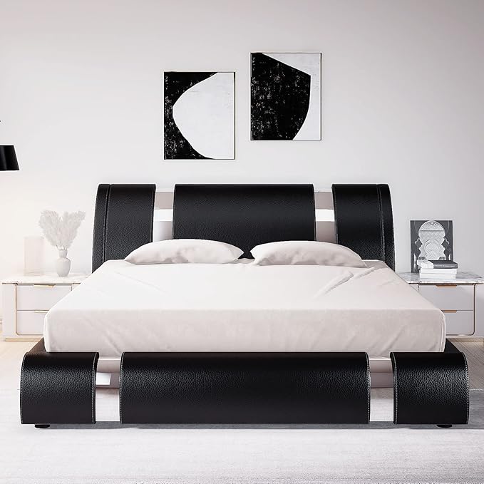 Allewie King Size Bed Frame with Iron Piece Decor, Faux Leather Upholstered Platform Bed with Curved Adjustable Headboard, Wooden Slats Support, No Box Spring Needed, Modern Black