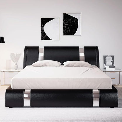 Allewie King Size Bed Frame with Iron Piece Decor, Faux Leather Upholstered Platform Bed with Curved Adjustable Headboard, Wooden Slats Support, No Box Spring Needed, Modern Black