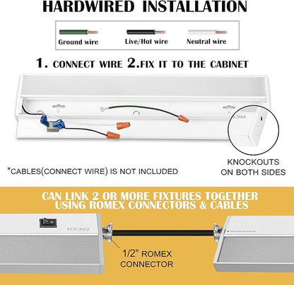 Ansen Hardwired Under Cabinet Lighting, 48in 26W LED Light for Kitchen/Closet, 1720lm, CRI>92, R9>90, Dimmable, 3 Color Temperature, 3000K/4000K/5000K(Warm White, Cool White, Daylight)
