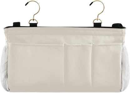 KOPIRIT Beige Bedside Caddy Storage Bag Bedside Organizer for Bed Rails College Dorm Room Organizer Caddy Hanging Shelf 6 Pockets with Hooks for Book Glasses Phone Holder