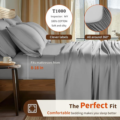 LBRO2M 1000 Thread Count 100% Egyptian Cotton Sheets Set 6 Piece Sets Full Size Bed Sheet Deep Pocket Sheet Set 16" Soft Comfortable All Season (Full, Gray)