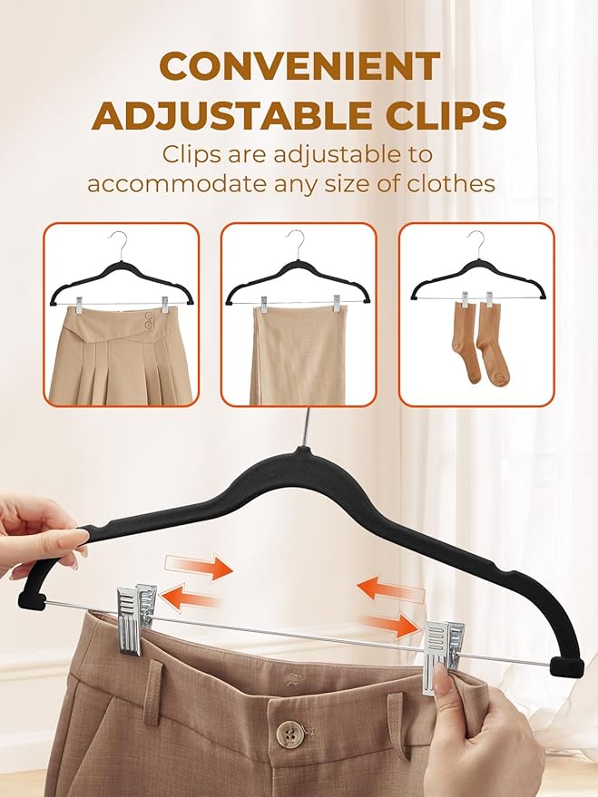 HOUSE DAY Velvet Skirt Hangers 36 Pack, Black Velvet Pant Hangers with Adjustable Clips, Space Saving Slim Shorts Hanger, Heavy Duty Non Slip Clip Hanger for Pants, Skirts, Shorts