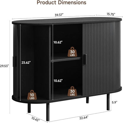 Buffet Cabinet with Storage, 40" Fluted Sideboard Buffet with Sliding Door, Coffee Bar Cabinet with Adjustable Shelf, Console Table, Accent Table for Entryway, Kitchen, Dining Room, Black