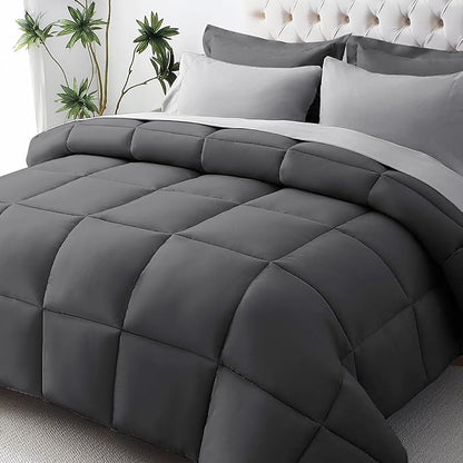 JOLLYVOGUE Twin Comforter Set, Ultra-Soft Bed in a Bag Twin Size 5 Pieces, Oeko-TEX Certified Bedding Set with Down Alternative Comforter, Sheets, Pillowcases & Shams, Dark & Light Grey