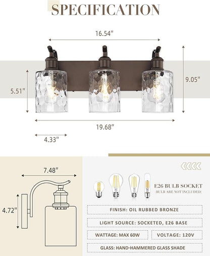 Bathroom Vanity Light Fixtures Over Mirror 3-Light Hammered Glass Wall Mounted Modern Oil Rubbed Bronze - VL01ORBH-3