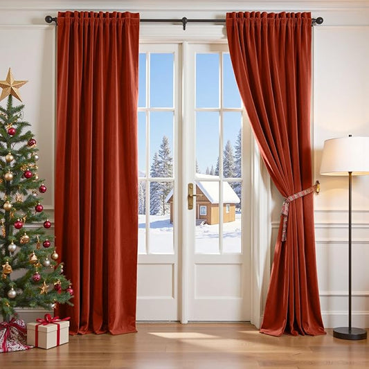 Lazzzy Velvet Blackout Curtains Thermal Insulated Room Window Drapes Super Soft Luxury Curtains for Living Room Bedroom Rod Pocket 2 Panels, Rust Red, 52" W x 96" L