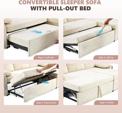 VINGLI Convertible Sofa Bed Couches for Living Room, Sleeper Sofa with Pull Out Couch Bed, Cloud-Like Plush Fleece L-Shape Sectional Couch with Storage Chaise, USB Charging, Side Pockets (Beige)