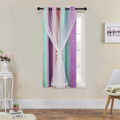 XiDi Kids Room Decor for Girls Bedroom, Pink Purple Green Curtains for Kids Rooms, Girls Room Curtains Windows Wall Drapes 42 Inchs Long 52 inches Wide 1 Panel