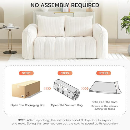 66'' Boneless Loveseat Sofa, 2 Seater Deep Seat Couch with Rounded Armrest, Upholstered Cloud Couch for Living Room, Bedroom, No Assembly, Corduroy White