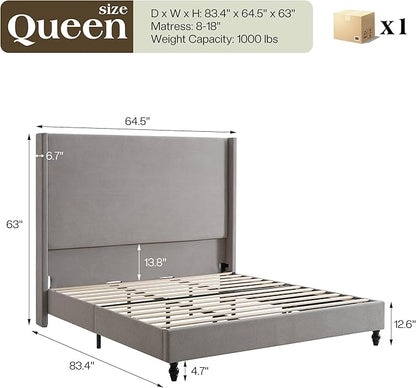 Queen Bed Frame with 63" Tall Headboard, Horizontal Fine Corduroy Bed Frame with Wingback, Upholstered Platform Bed, Vintage Solid Wood Gourd Legs, No Box Spring Needed, Gray
