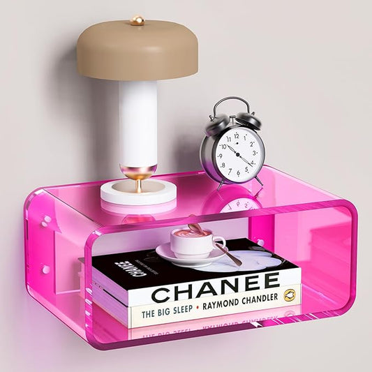Acrylic Floating Nightstand, Bedside Table, Nightstand Shelf Wall Mounted Bedside Shelf (Pink, Small)