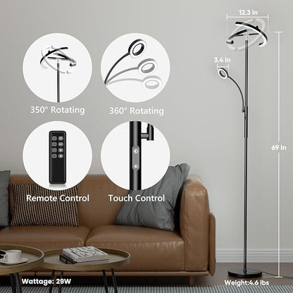 LED Floor Lamp for Living Room - Modern Standing Lamp with Reading Light, Remote Touch Control Floor Light Dimmable Mother-Daughter Tall Bedroom Lamp for Couch Office, 29W, Black