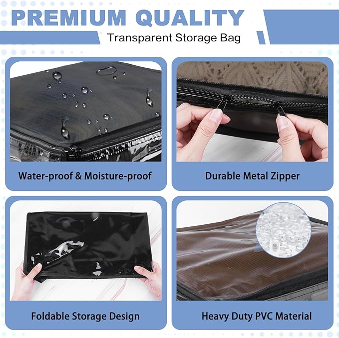 Clear Zippered Storage Bags Plastic Sweater Storage Bags with Zipper 6 Packs Clothing Organizer for Blankets Linen Sweater Bed Sheet Quilt Clothes Pillow (10.5 x 10.5 x 2.5 Inch, Black)