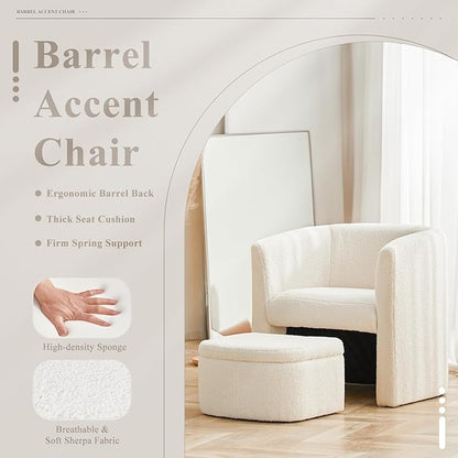 Mid-Century Velvet Living Room Chair with Storage Ottoman, Space-Saving Accent Chairs for Bedroom/Reading Spaces/Office, Cream