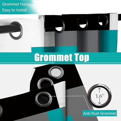 Teal/Turquoise 100% Blackout Curtains for Bedroom 72 inch Length 2 Panels Set White Grey Modern Abstract Geometric Black Out Curtains Room Darkening Window Drapes for Living Room, 42Wx72L