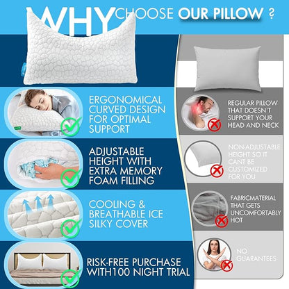 SUPA MODERN Cooling Pillows for Side Sleepers, Cool Side Sleeper Pillow for Neck Pain Relief, Luxury Shredded Memory Foam Pillows 2 Pack, Adjustable Gel Cervical Neck Pillow Queen Size Set of 2