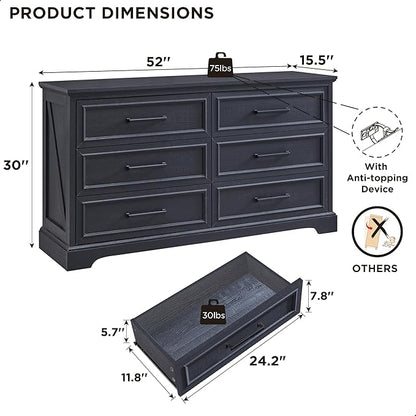 JXQTLINGMU Farmhouse 6 Drawers Dresser for Bedroom, 52'' Wide Large Wood Dressers with Bar Handles, Chests of Drawers with Storage Dressers Organizer for Bedroom, Hallway, Black