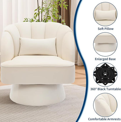GarveeHome Modern Swivel Barrel Accent Chair, 360 Degree Velvet Upholstered Armchair with Striped Backrest & Plush Padding, Comfy Round Lounge Chair for Living Room, Bedroom, Reading Nook, Beige
