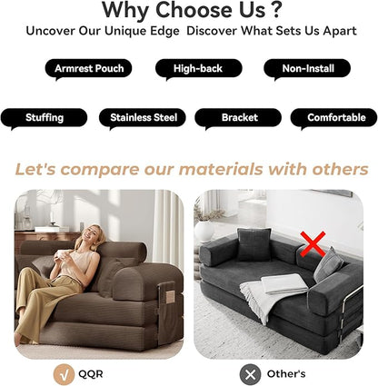 Upgrade High Backrest Design Sofa Bed with Fixed-Shape Frame & Removable Armrests and Backrest, Corduroy Fabric, Convertible Mattress Couch for Small Spaces - No Assembly Needed (High Backrest Brown)