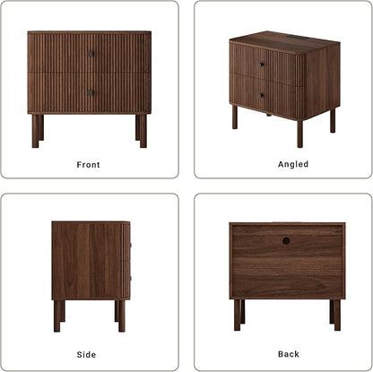 Night Stand Set of 2 with Charging Station, 24" Large Fluted Nightstand with Rounded Corners & Solid Wood Legs, 2 Drawers Mid Century Modern Bedside Table for Bedroom, Walnut
