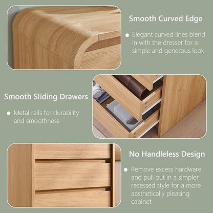 25" Tall Modern Nightstand Set of 2, 23.6" Wide Wood Bedside Table with Charging Station, 3 Storage Drawers Side Table w/Curved Profile Design,End Table for Bedroom, Natural Oak