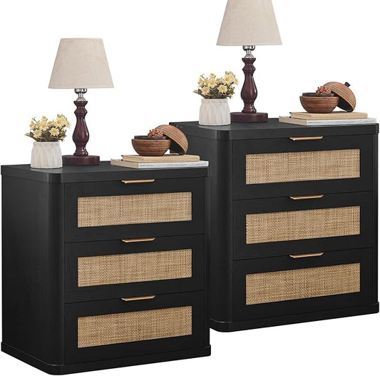 LEYAOYAO Rattan Night Stand Set of 2 with Drawers, 23" Large 3 Drawer Boho Nightstand, Natural Wood Bedside Table Storage Cabinet, Bed Side End Tables Dresser for Bedroom, Living Room, Hallway, Closet