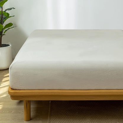 MooMee Fitted Bottom Sheet Only 100% Washed Cotton Linen Like Textured Breathable Durable Soft Comfy Deep Pocket Fits Mattress up to 17" (Cream Grey, California King)