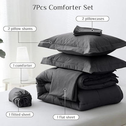JOLLYVOGUE California King Comforter Set, Ultra-Soft Bed in a Bag Cal King Size 7 Pieces, Oeko-TEX Certified Bedding Set with Down Alternative Comforter, Sheets, Pillowcases & Shams, Dark Grey