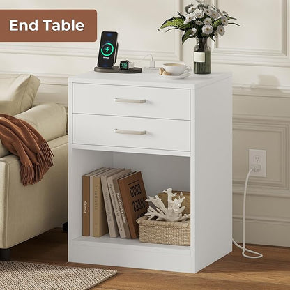 ADORNEVE Nightstands Set of 2,White Night Stand with Charging Station & Drawers,Night Stands for Bedrooms 2