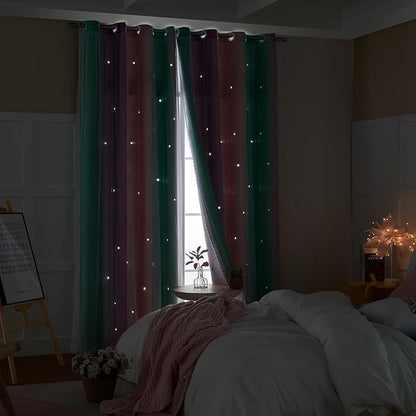 XiDi Curtains for Girls Bedroom Kids Room Unicorn Princess Theme Room Darkening 63 inches Long Wall Decals Pink Purple Green, W52 X L63