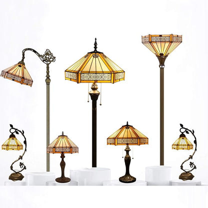 WERFACTORY Tiffany Lamp Yellow Hexagon Stained Glass Mission Style Table Lamp Desk Bedside Reading Light 12X10X18 Inches Decor Bedroom Living Room Home Office S011 Series