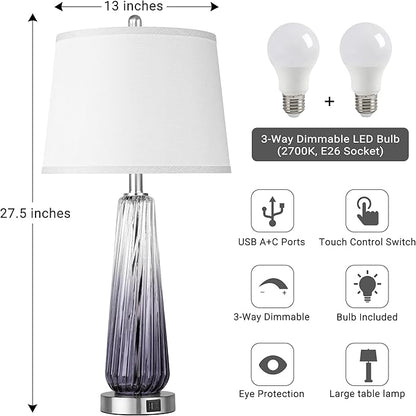 Glass Table Lamps Set of 2, Modern Bedside Lamps for Bedrooms with USB A+C Ports, 3-Way Dimmable Touch Control Nightstand Lamp with White Linen Shade, 27.5" Large Lamps for Living Room Decor, Grey