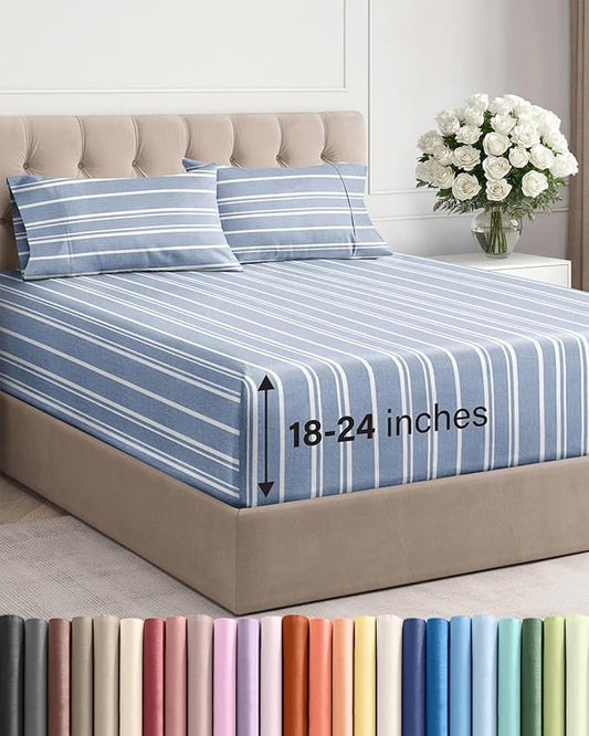 Extra Deep Twin XL Sheet Set - 4 Piece Breathable and Cooling Sheets - Hotel Luxury Bed Sheets Set - Easy Fit - Soft, Wrinkle Free and Comfy Sheets Set - Blue Striped Sheet Set with Extra Deep Pockets