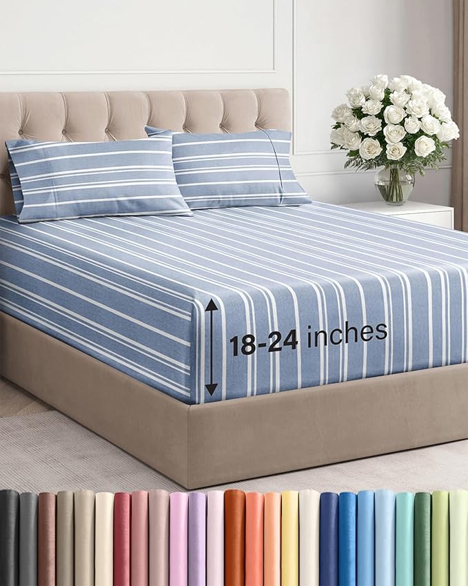 Extra Deep Twin Sheet Set - 4 Piece Breathable and Cooling Sheets - Hotel Luxury Bed Sheets Set - Easy Fit - Soft, Wrinkle Free and Comfy Sheets Set - Blue Striped Sheet Set with Extra Deep Pockets