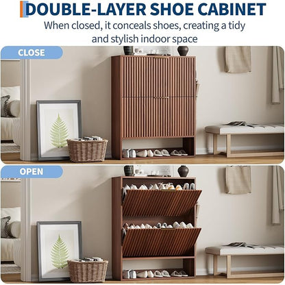 Garvee Fluted Shoe Storage Cabinet, Slim Hidden Shoe Rack Cabinet with 2 Flip Drawers & Bottom Open Shelf, Freestanding Entryway Organizer, Perfect for Closet, Hallway, Foyer, Walnut