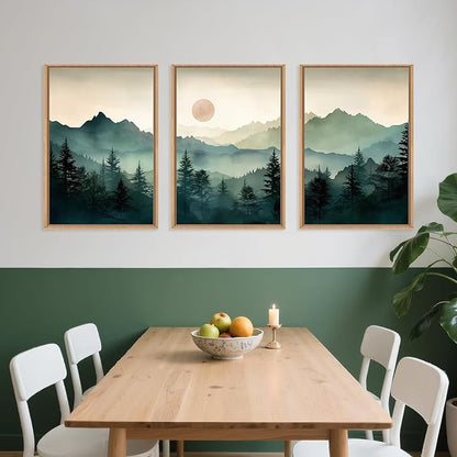 LHIUEM Large Boho Mountain Framed Wall Art Set,Green Foggy Forest Wall Painting,Abstract Nature Sunrise Artwork,Watercolor Pine Tree Wall Decor for Living Room,Bedroom,Office-16''x24''x3