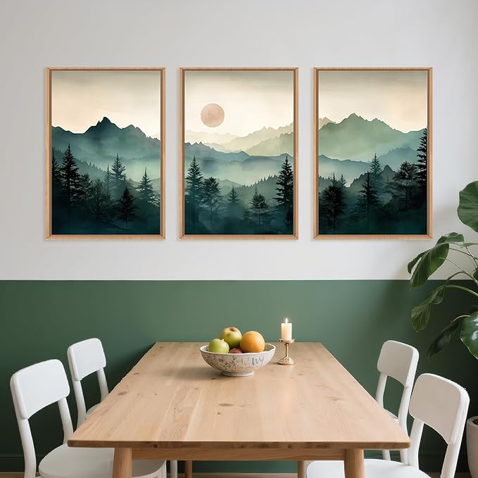 LHIUEM Large Boho Mountain Framed Wall Art Set,Green Foggy Forest Wall Painting,Abstract Nature Sunrise Artwork,Watercolor Pine Tree Wall Decor for Living Room,Bedroom,Office-24''x36''x3