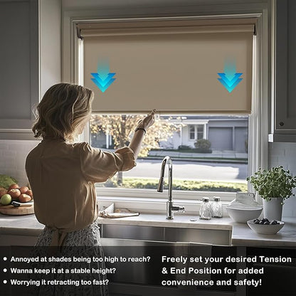 HESTIA No Drill Cordless Blackout Roller Shades Screwless Waterproof Shower Window Blinds, Auto-Retraction Easy Install Blind for Bathroom/Kitchen/Office/Exterior, Greige, 44" W x 54" H