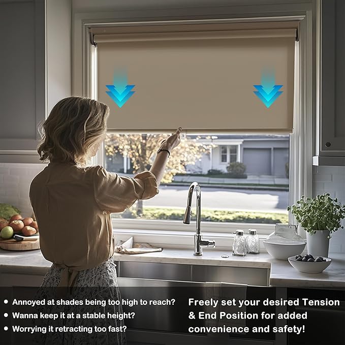 HESTIA No Drill Cordless Blackout Roller Shades Screwless Waterproof Shower Window Blinds, Auto-Retraction Easy Install Blind for Bathroom/Kitchen/Office/Exterior, Greige, 35.5" W x 72" H
