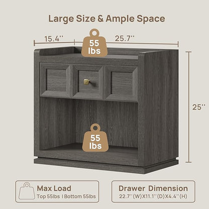 SICOTAS Night Stand Set 2, 26" Wide Nightstands with Drawer, Large Queen Size Nightstands Set of 2, Modern Bedside Table for Bedroom, Side End Table (Dark Grey Oak, 26-Inch)
