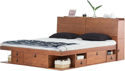 memomad Bali Set: Storage Platform Bed with Drawers + Bookcase Headboard (King Size, Caramel Brown Wood)