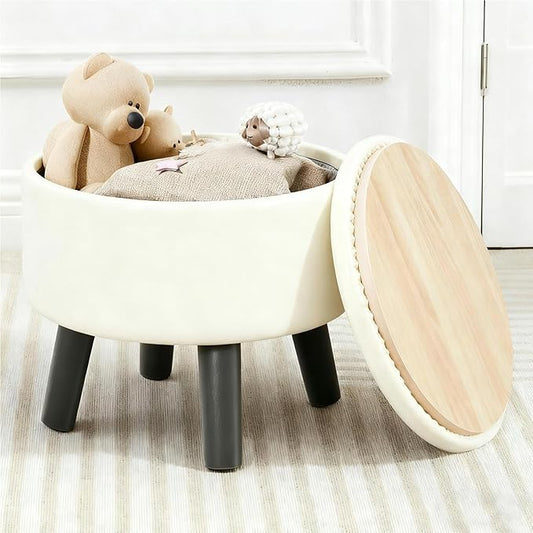 FIMIVIBI Small Foot Stool Ottoman with Storage, Faux Leather Ottoman Foot Rest for Couch, Round Footstool Ottomans for Living Room (White)