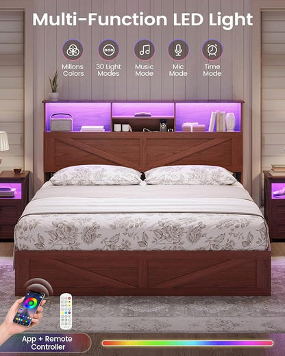 AOGLLATI Farmhouse Queen Bed Frame with 4 Storage Drawers and Led Lights, Wooden Bed Frame Queen Size with Hidden Space Bookcase Headboard and Led Lights & Metal Slats, Mahogany