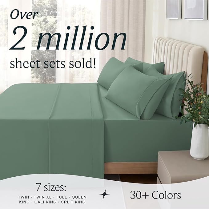 LuxClub 4 PC California King Sheet Set, Deep Pockets Wrinkle Free Cooling Bed Sheets Hotel Bedding for Women, Men, Includes 1 Fitted Sheet, 1 Flat Sheet and 2 Pillowcases-Tree Moss Green