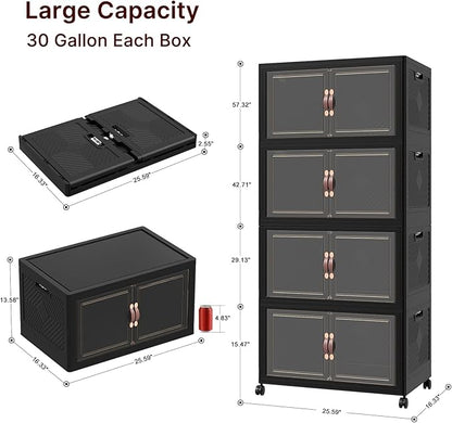 480Qt Stackable Storage Bins with Lids, 4 Pack Large Collapsible Bins with Wheels, Plastic Cabinet with Doors, Foldable Closet Organizers and Storage for Home, Dorm, Office, Black