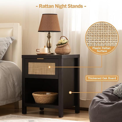 SICOTAS Rattan Night Stands Set of 2, Farmhouse Nightstand Bedside Table with Drawer and Storage Shelf, Boho End Side Table for Bedroom, Small Space, Black Oak